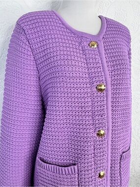 Talbots sz XL Cardigan Sweater Jacket Purple Gold Buttons Thick Knit Pockets